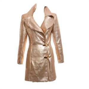 Claude Montana gold sequin Trench Coat Dress Long Sleeve Notched Lapel Glam 40 6